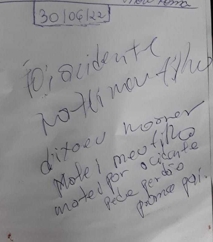 Carta escrita pelo pai pedindo perdão por ter matado o filho com um tiro acidental